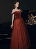 Abendkleid A-Linie Bateau Neck Bodenlange Kurzarm-Schnür-Partykleider Burgunder Festzugskleid