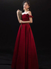 Abendkleid A-Linie Bateau Neck Bodenlange Kurzarm Schnürrüschen Matt Satin Abendkleider Burgunder Kleid