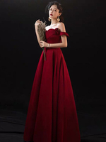 Abendkleid A-Linie Bateau Neck Bodenlange Kurzarm Schnürrüschen Matt Satin Abendkleider Burgunder Kleid