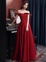 Abendkleid A-Linie Bateau Neck Matt Satin Bodenlang Burgund Partykleider Festzugskleid