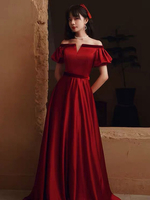 Abendkleid A-Linie Bateau Neck Satin Stoff Bodenlang Puffer Ärmel Dinner Kleider Burgund Festzug Kleid