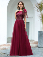Abendkleid A-Linie Jewel Neck Bodenlange Kurzarm Quasten Reißverschluss Chiffon Social Party Kleider