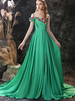 Abendkleid A-Linie Juwelenhals mit Zug Kurzarm Reißverschluss Bestickte Chiffon Abendkleider