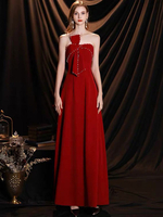 Abendkleid A-Linie trägerlos Matt Satin Bodenlang Perlen Perlen Abendkleider Burgunder Festzug Kleid