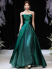 Abendkleid A-Linie Trägerloses Satingewebe Bodenlang Plissee Formelle Partykleider Forest Green Pageant Dress