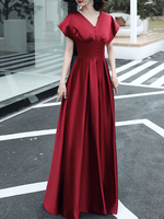 Abendkleid A-Linie V-Ausschnitt Bodenlang Kurzarm Schnürknöpfe Satin Stoff Social Party Kleider