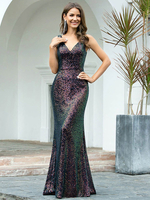 Abendkleid A-Linie V-Ausschnitt Bodenlange rückenfreie Pailletten Social Party Kleider