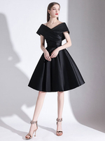 Abendkleid A-Linie V-Ausschnitt Knielang Kurzarm Schnürte Plissee Satin Stoff Cocktailkleid Little Black Dress
