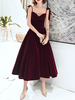 Abendkleid A-Linie V-Ausschnitt Matt Satin Tee-Länge Schleifen Spaghetti Formale Partykleider
