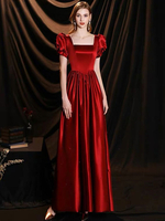 Abendkleid A-Linie Vierkanthals Bodenlange kurze Pufferärmel Schnürpartykleider Festzugskleid