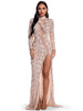 Abendkleid Aprikose Langarm Polyester Pailletten Fransen Split Kleider Langes Partykleid Bodycon Festzug Kleid