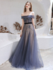 Abendkleid Blau A Linie Bateau Hals bodenlang Kurzarm Ärmel Reißverschluss Formelle Partykleider Festzugskleid
