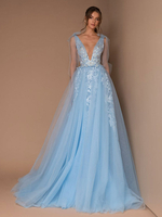 Abendkleid Blau A-Linie V-Ausschnitt Ärmellose Spitze Bodenlange formelle Partykleider mit Zug
