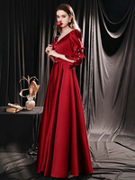 Abendkleid Burgund A-Line Designed Ausschnitt Matt Satin Bodenlange Partykleider Festzugskleid