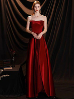 Abendkleid Burgund A-Line Trägerloses Matt Satin Bodenlange Partykleider Ärmelloses Festzugskleid