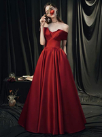 Abendkleid Burgunder A-Linie Bateau Neck Bodenlange Kurzarm-Schnür-Partykleider Festzugskleid
