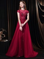 Abendkleid Burgunder A-Linie Jewel Neck Tulle Sweep Formelle Partykleider Lange Kleider Festzugskleid