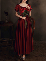 Abendkleid Burgunder A-Linie Sweetheart Neck Satin Stoff Knöchellange Partykleider Festzugskleid
