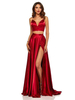 Abendkleid Burgunder Satin Stoff V-Ausschnitt A-Linie Ärmellos Split Front Lange Partykleider