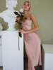 Abendkleid Cameo Brown Scheide trägerlose elastische Seide wie Satin ärmellose rückenfreie Plissee Partykleider Ballkleid