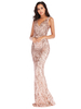 Abendkleid Champagner Ärmellose rückenfreie Polyester Pailletten Kleider Langes Partykleid Bodycon Festzugskleid