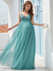 Abendkleid Cyan Blue A-Linie V-Ausschnitt Ärmellose Tüll Bodenlange Spitze Formale Partykleider