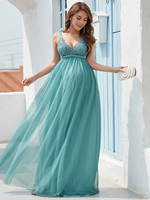 Abendkleid Cyan Blue A-Linie V-Ausschnitt Ärmellose Tüll Bodenlange Spitze Formale Partykleider