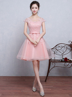 Abendkleid für Homecoming mit Rundkragen Spitze A-Linie- und Gürtel und Hellrosa