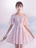 Abendkleid für Homecoming mit Rundkragen Spitze A-Linie- und Perlen-Applikation und Hellrosa