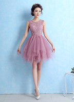Abendkleid für Homecoming mit Rundkragen Tüll A-Linie- stufig Kamee Rosa Abschlusskleider
