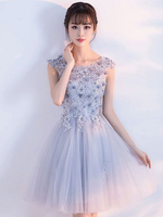 Abendkleid für Homecoming mit Rundkragen Tüll A-Linie- und Blumen-Deko und Hellrosa