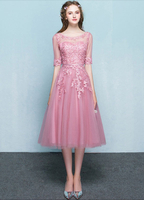 Abendkleid für Homecoming mit Rundkragen Tüll A-Linie- und Deko-Applikation in Rosa