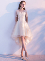 Abendkleid für Homecoming mit Rundkragen Tüll A-Linie- und Gürtel in Champagnerfarbe