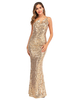Abendkleid Gold Ärmellose rückenfreie Polyester Pailletten Kleider Langes Partykleid Bodycon Festzugskleid