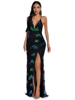 Abendkleid Grünes Polyester Ärmelloses; geteiltes Pailletten-Maxi-Festzugskleid