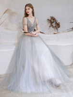 Abendkleid Hellgrau A Line Bateau Neck Bodenlange Social Party Kleider Festzugskleid