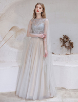 Abendkleid Hellgrau A Line Jewel Neck Bodenlang Ärmelloser Reißverschluss Social Party Kleider Festzugskleid