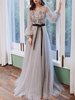 Abendkleid Hellgrau Jewel Neck Ballkleid Lange Ärmel Schärpe Tüll Festzug Kleider zum Schnüren