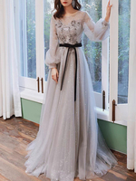 Abendkleid Hellgrau Jewel Neck Ballkleid Lange Ärmel Schärpe Tüll Festzug Kleider zum Schnüren
