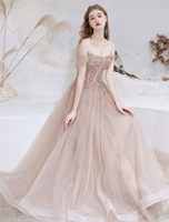 Abendkleid Nude Farbe A Linie Bateau Neck Bodenlang Kurzarm Schnür Pailletten Formale Abendkleider Festzugskleid