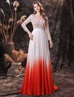 Abendkleid Orange Rot A Linie Juwelenhals Mit Zug 3/4 Länge Ärmel Schnüren Chiffon Lange Formale Partykleider