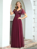 Abendkleid Pailletten Mieder A-Linie V-Ausschnitt Bodenlange Kurzarm Rückenlose Chiffon Social Party Kleider