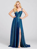 Abendkleid Polyester Blau V-Ausschnitt A-Linie Ärmellos Rückenfrei Geschlitzte Front Partykleider