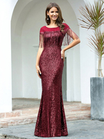 Abendkleid Quaste Meerjungfrau Juwelenhals Bodenlange kurze Ärmel rückenfreie Pailletten Social Party Kleider