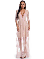 Abendkleid Rosa halbarmige Polyester-Spitzen-Paillettenkleider Maxi-Partykleid Langes Festzugskleid
