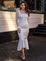 Abendkleid Scheide Vierkantausschnitt Tee-Länge Lange Ärmel Reißverschluss Rüschen Polyester Weiß Formelle Partykleider