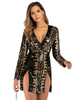 Abendkleid Schwarz Langarm Polyester Pailletten Pailletten Split Gowns Midi Partykleid Bodycon Festzugskleid