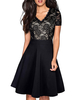 Abendkleid Schwarz Satin Stoff V-Ausschnitt A-Linie Kurzarm Spitze Knie Knielange Partykleider