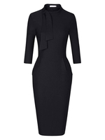 Abendkleid Schwarze Scheide Langarm Langkragen Stretch Krepp Knielange Plissee Bodycon Formelle Partykleider