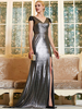 Abendkleid Split Sheath Langes Kleid V-Ausschnitt Sweep Kurzarm Plissee Formelle Partykleider